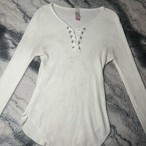 No Boundaries White Ribbed Lace-Up Long Sleeve Top